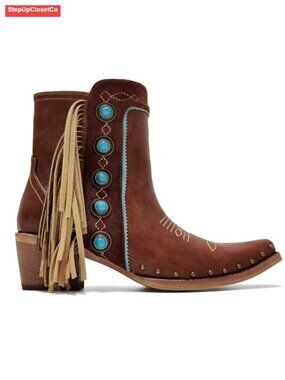 Cowgirl Fringe Booties Studded Turquoise Ankle Boots Western